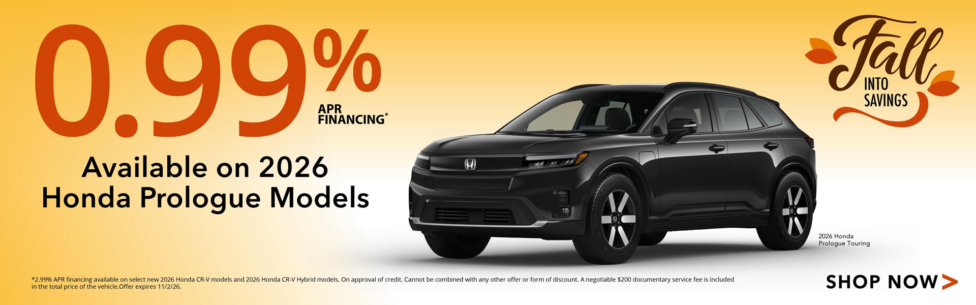 0.99% APR Financing Available on 2026 Honda Prologue Models