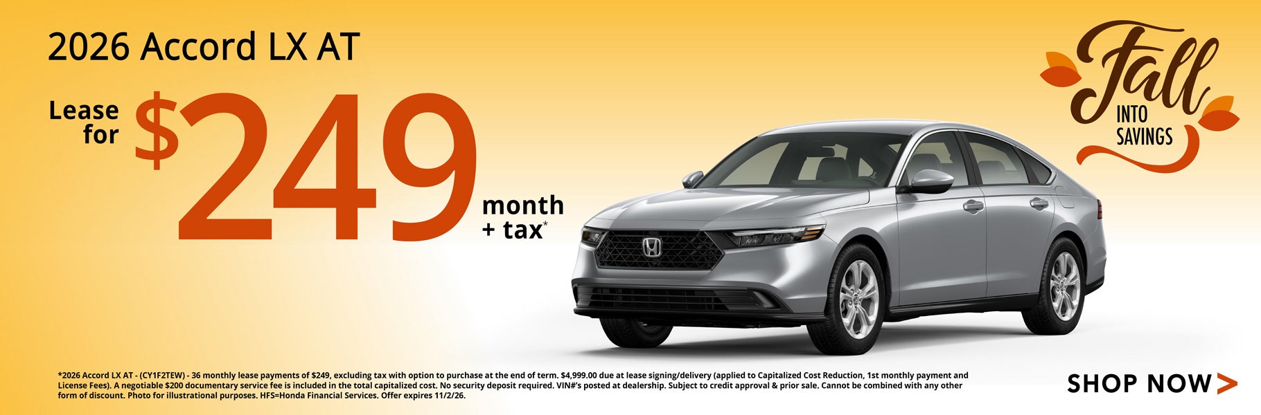 Lease a 2026 Accord LX for $249/mo+tax