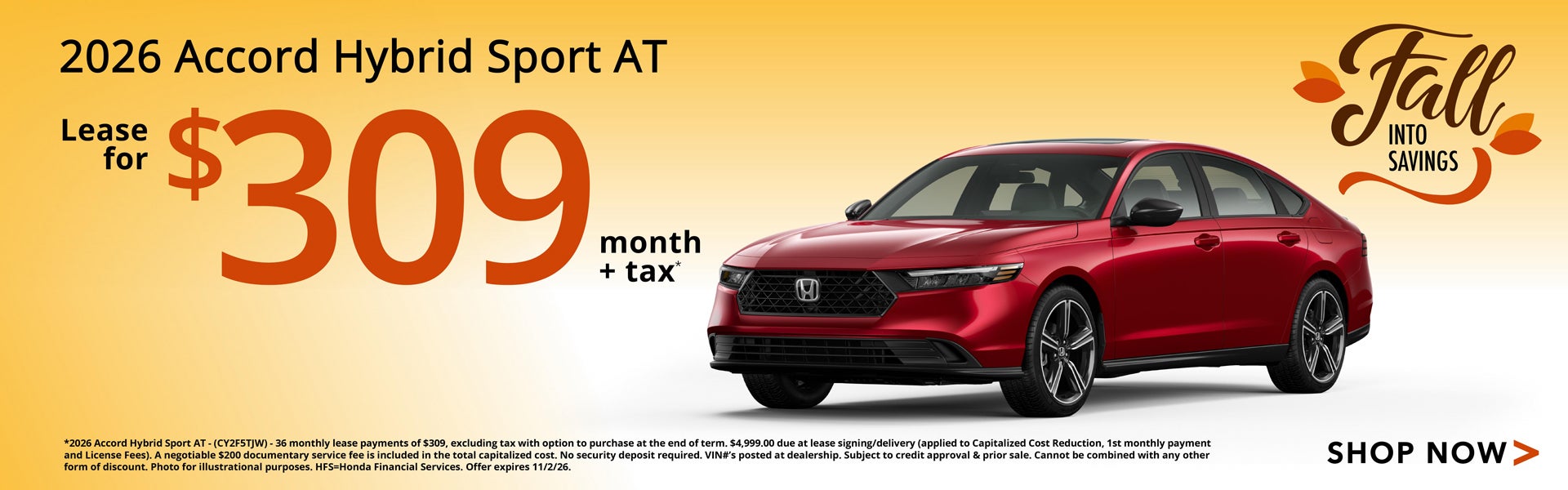 Lease a 2026 Accord Hybrid Sport for $309/mo+tax