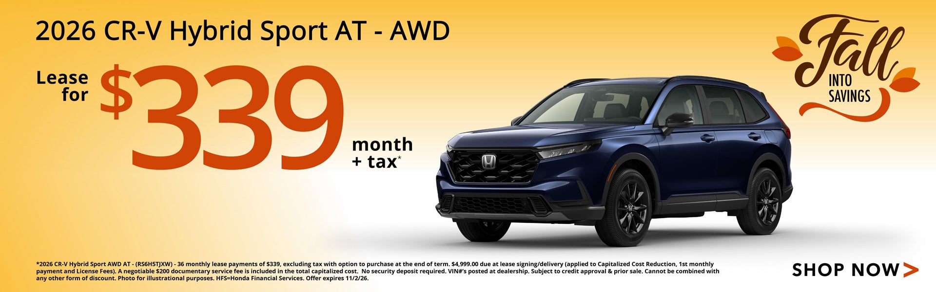 Lease a 2026 CR-V Hybrid Sport for $339/mo+tax