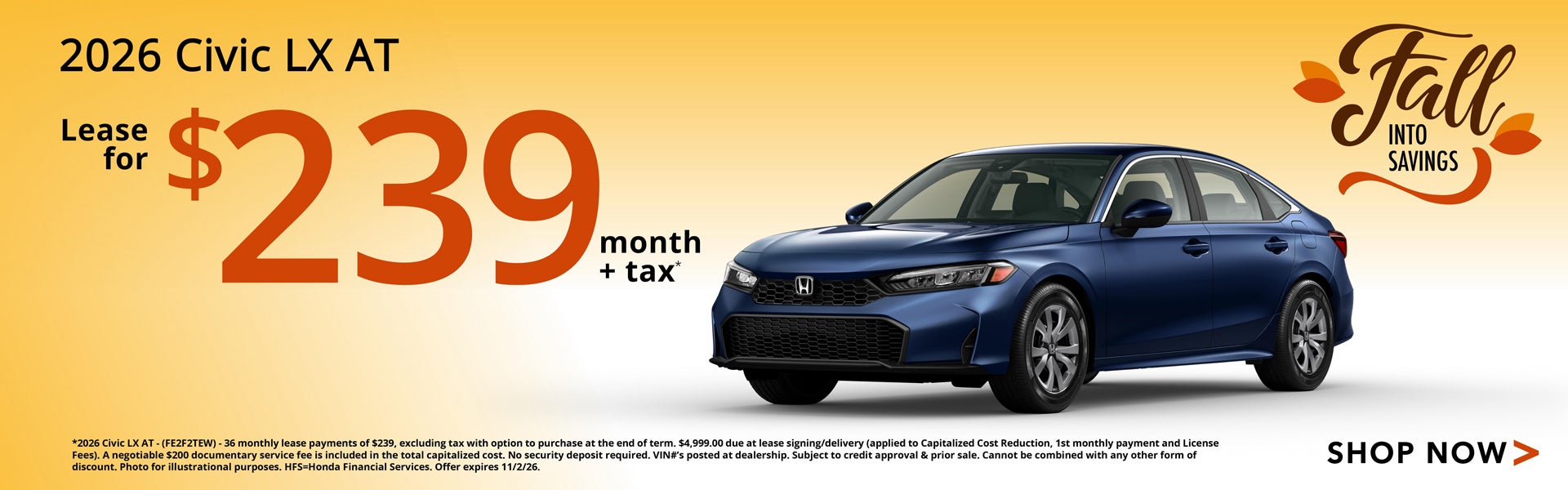 Lease a 2026 Civic LX for $239/mo+tax